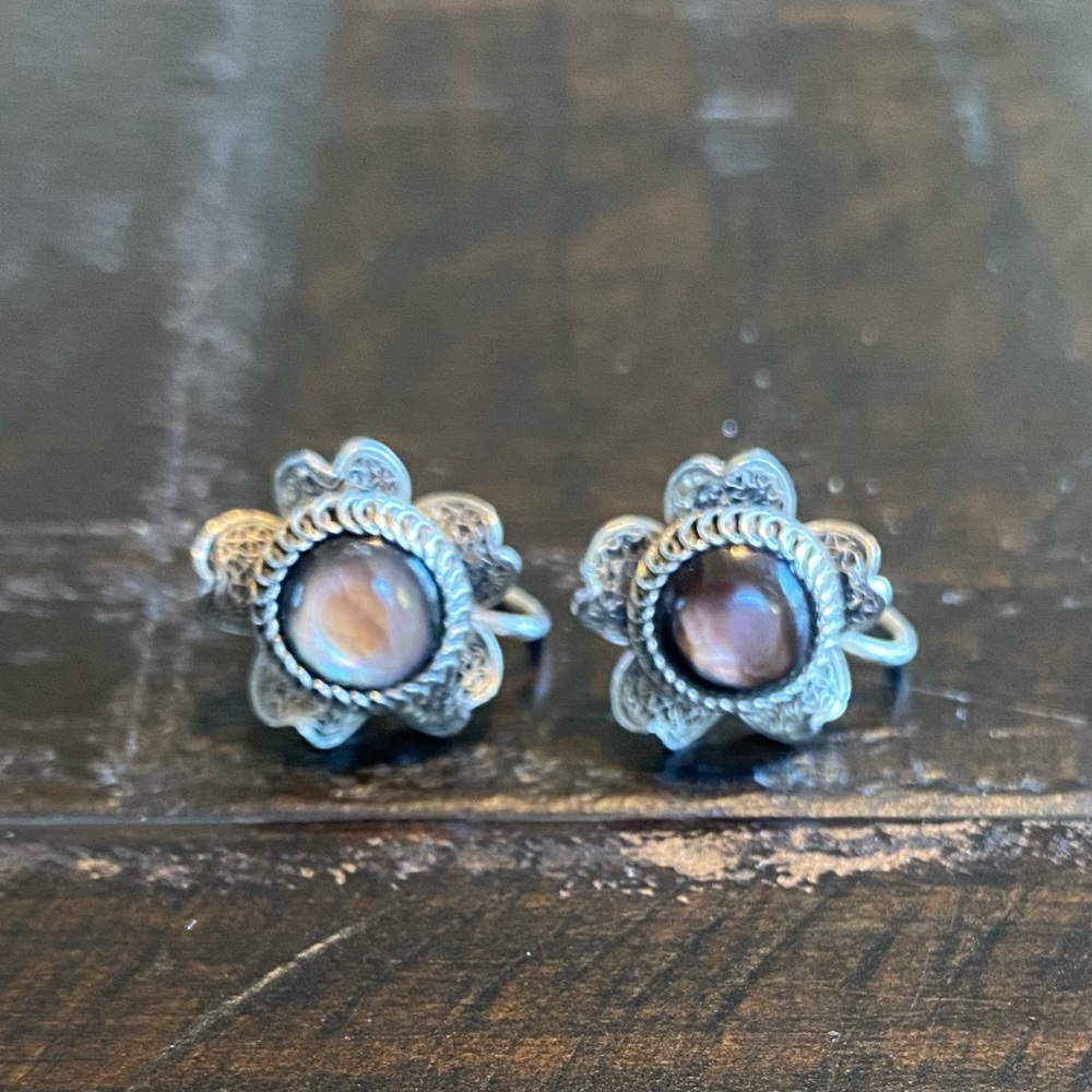 Vintage Delicate Filigree Floral Silver Moonstone Screw-on Earrings